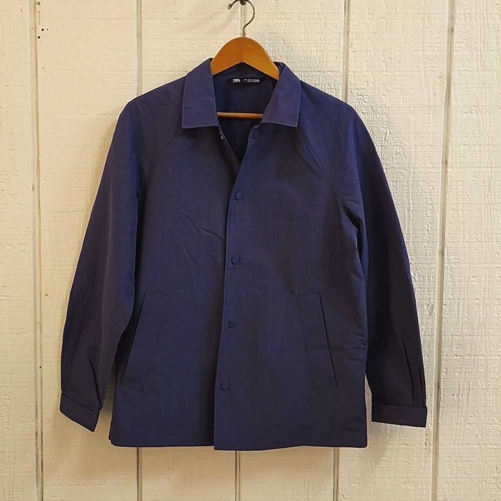 ZARA Men's Navy Blue Collared Button Down Light Weight Windbreaker Smart Casual